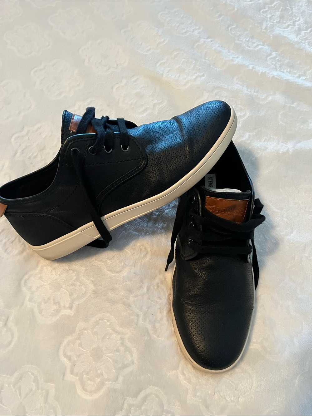 Steve Madden Men's Black Casual Leather-Look Sneakers with White Sole